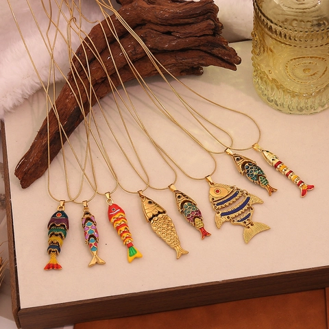 Vintage Koi Fish Pendant Necklace Stainless Steel Movable Colorful Enamel Animal Jewelry For Women