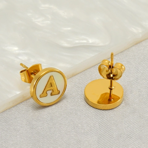 Round Initial Letter Stud Earrings 18K Gold Plated 304 Stainless Steel With Natural Shell Minimalist Fashion For Women