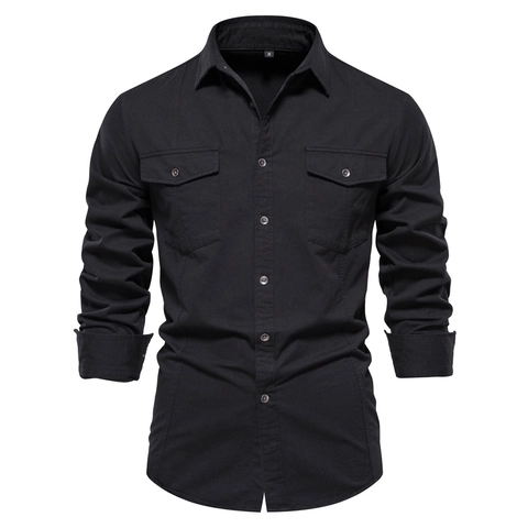 Chemise Homme Manches Longues Pur Coton Infroissable Business Casual Style Utilitaire Couleur Unie Col Revers Boutonné