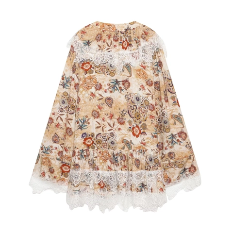 Mini Abito Boho Donna Bordo In Pizzo Scollo A V Stampa Floreale Manica Lunga Sciolto Retro In Poliestere Con Coulisse