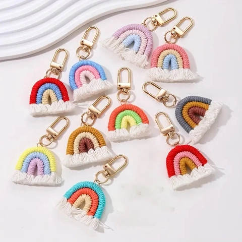 Porte-clés Arc-En-Ciel Tissé À La Hand Corde En Coton Gland Style Boho Pendentif De Sac Coloré En Alliage De Zinc