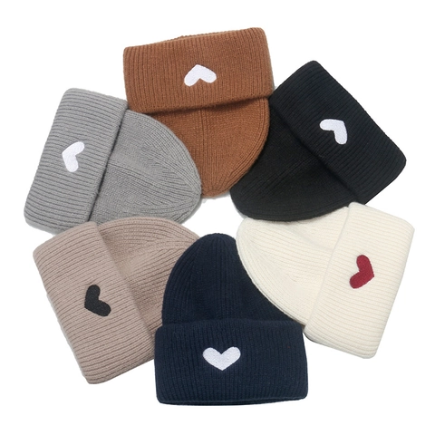 Herz Stickerei Rippstrick Beanie Winter Herbst Warm Weich Acryl Umschlagmütze Für Damen