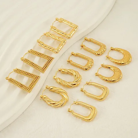 Geometric Hoop Earrings 18K Gold Plated Stainless Steel Textured Irregular Retro Minimalist Elegant Jewelry For Women