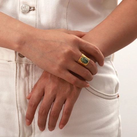 Anello Aperto Vintage In Acciaio Inossidabile Per Donna Placcato Oro Trama A Raggiera Turchese Africano Intarsiato Gioielli Bohemian