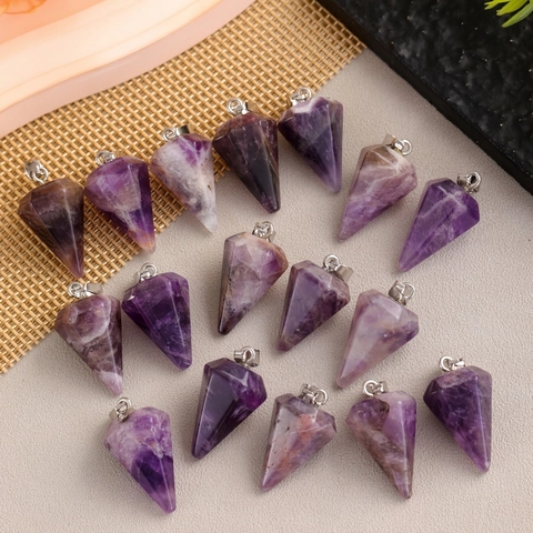 Natural Amethyst Crystal Hexagonal Point Pendant Faceted Conical Dowsing Pendulum Energy Stone Healing Jewelry Women