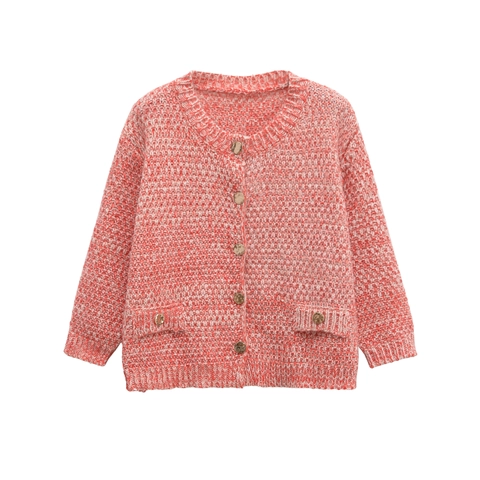 Elegant Women Knit Cardigan Sweater Round Neck Golden Buttons Tweed Style Mixed Color Long Sleeve Vintage Top