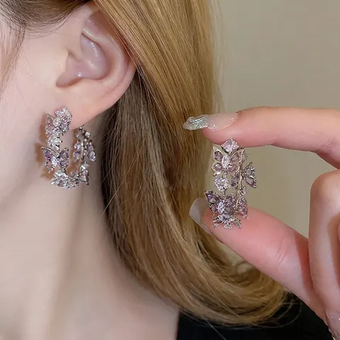 Butterfly Hoop Earrings With Purple Clear Zircon Silver Earring Post C-Shaped Elegant Light Luxury Niche Design Women Jewelry
