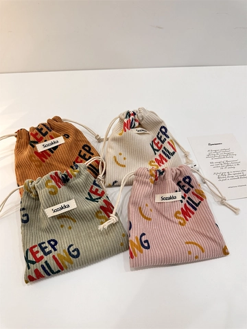 Drawstring Storage Pouch Corduroy Small Jewelry Organizer Bag Smile Letter Print Portable Dustproof For Travel Daily Use