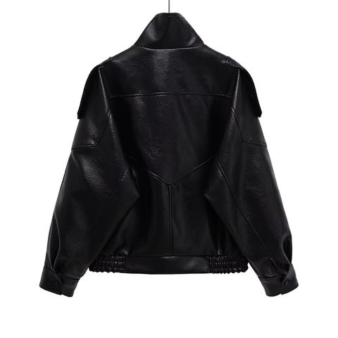 Damen Streetwear PU Lederjacke Asymmetrischer Reißverschluss Lockere Passform Bikerjacke Langarm Stehkragen Casual Outerwear Schwarz
