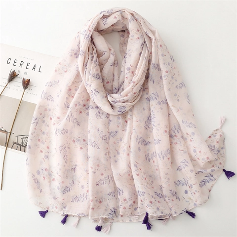 Châle Femme Imprimé Floral Ethnique Avec Glands Voile Doux Polyester Protection Solaire Écharpe de Voyage Rose Violet