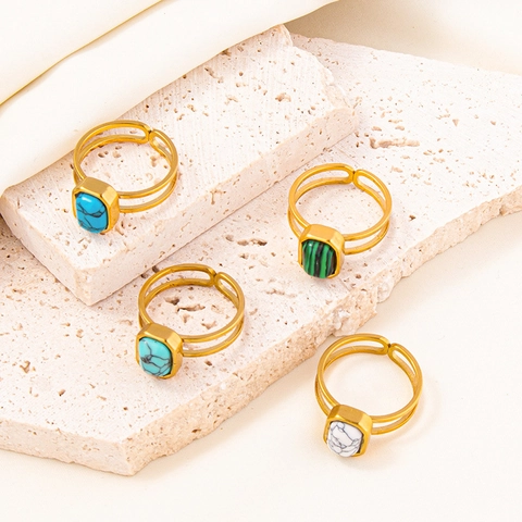 Vintage Geometrischer Verstellbarer Ring Edelstahl Kunststein Türkis Malachit Doppelreihiges Hohles Band Schmuck