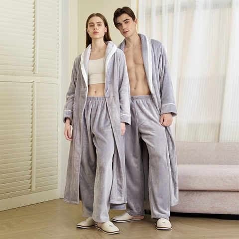 Peignoir En Flanelle Et Pantalon Pyjama Épais Chaud Polaire Vêtements De Détente Manches Longues Pour Couples Hommes Femmes