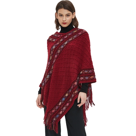 Women Knitted Poncho Shawl Ethnic Geometric Pattern Fringe Tassels Pullover V-Neck Soft Acrylic Winter Warm Cape