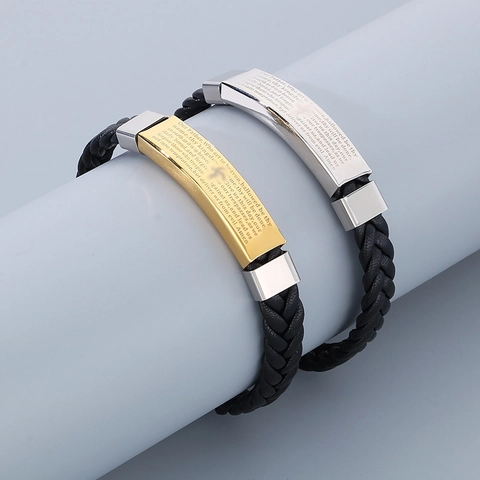 Lord's Prayer Cross Bracelet Stainless Steel And Woven Leather Religious Christian Jewelry For Men Women Simple Black