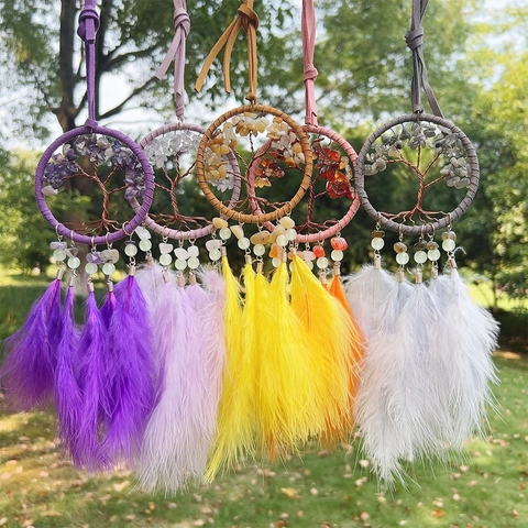 Tree Of Life Dreamcatcher Luminous Natural Crystal Stone Chips Hanging Ornament With Feathers For Home Car Decor Bohemian Style