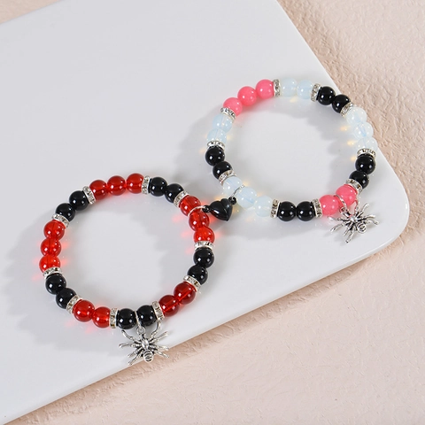 Bracelet Couple Aimant Cœur Pendentif Araignée Perles Agate Obsidienne Bijoux Gothique Punk Cadeau
