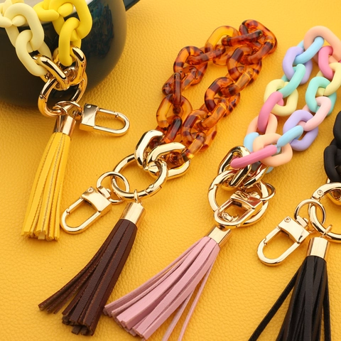 Acrylic Resin Chain Keychain With Faux Leather Tassel Fashion Bag Pendant For Women Colorful Gradient Resin Key Ring