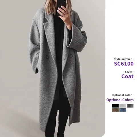 Women Long Wool Blend Coat Double Breasted Lapel Loose Oversized Overcoat Elegant Casual Winter Outerwear Pocketed