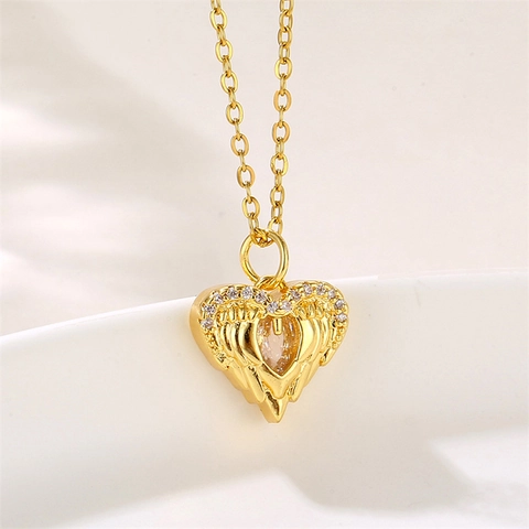 Angel Wings Heart Pendant Necklace Stainless Steel Micro Pave Zircon Gold Plated Fashion Jewelry For Women