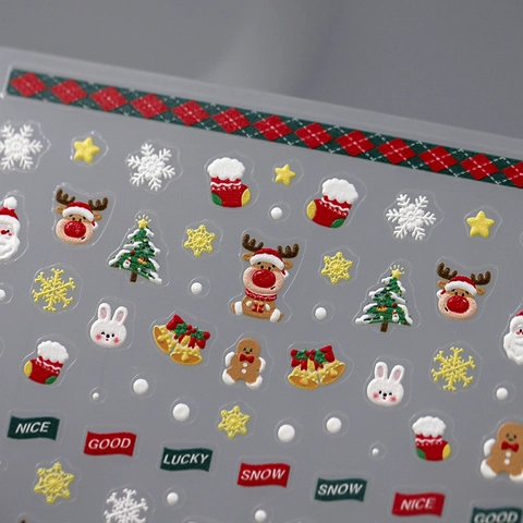 Christmas 5D Relief Nail Stickers Stereoscopic Santa Reindeer Snowflake Gingerbread Man Adhesive Cute DIY Manicure