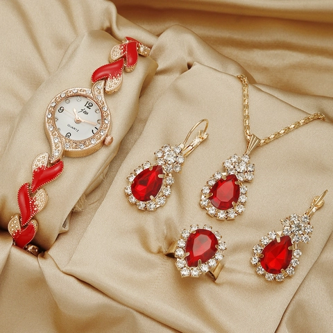 Women Quartz Watch Alloy Leaf Bracelet Rhinestone Fashion Jewelry Necklace Earrings Ring Elegant Accessory For Ladies