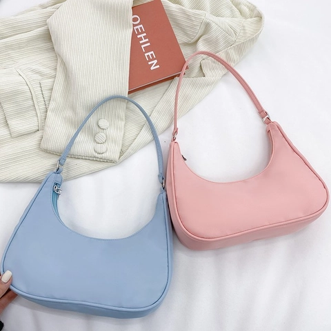 Sac Hobo Croissant En Nylon Léger Fermeture Éclair Sac À Épaule Sous Les Bras Minimaliste Mode Pour Femmes