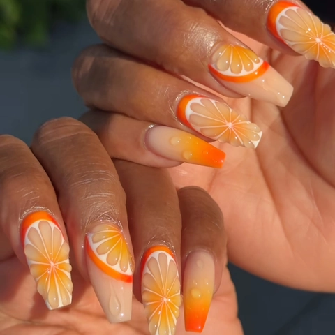 Press On Nails 3D Orange Fruit Design Gradient Orange Coffin Fake Nails With Water Drops Summer Style For Women