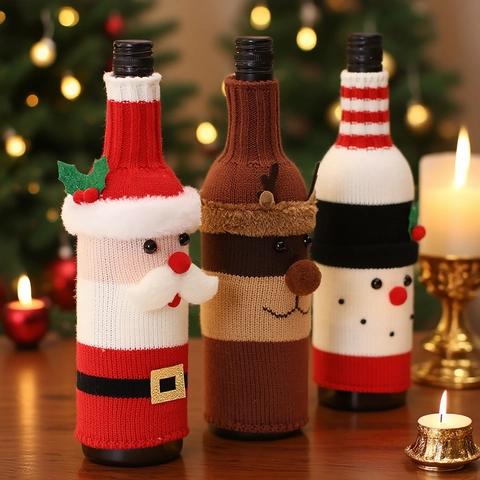Christmas Wine Bottle Covers Knitted Santa Snowman Elk Decor For Holiday Dinner Party Table Decoration
