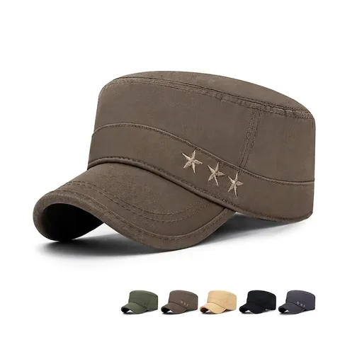 Men Flat Top Military Cadet Cap Cotton Twill Adjustable Sun Protection Vintage Star Embroidery Army Hat