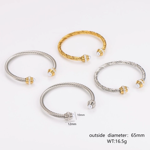 Roestvrijstalen Gedraaide Kabel Open Armband Met Kunstparel En Zirkon Ingelegd Elegant Minimalistisch Sieraad Voor Dames