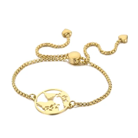 World Map Pendant Bracelet Stainless Steel Adjustable Box Chain With Heart Charms Hollow Out Fashion Jewelry For Women