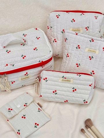 Borsa Per Trucco In Cotone Trapuntato Con Stampa Ciliegie Grande Capacità Organizzatore Da Viaggio Portatile Donne
