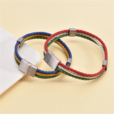 Braided Leather Bracelet Stainless Steel Magnetic Buckle National Flag Colors Sports Fan Jewelry For Men Women