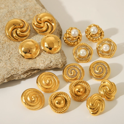 Geometric Spiral Stud Earrings 18K Gold Plated Stainless Steel With Artificial Pearl Rhinestone Retro Vintage Jewelry For Women