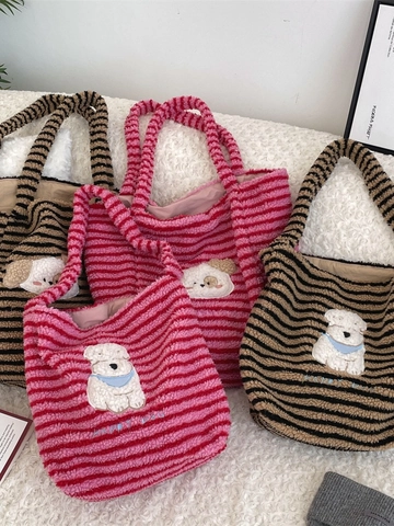 Plush Striped Tote Bag Cartoon Dog Patch Large Capacity Shoulder Handbag For Women Winter Casual Warm