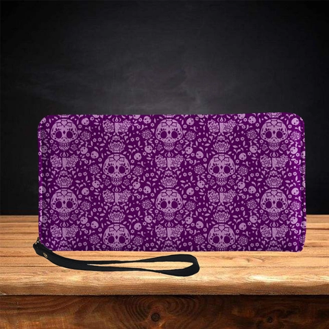 Damen Geldbörse Lang PU Leder Reißverschluss Clutch Mit Handschlaufe Tag Der Toten Totenkopf Blumenmuster Halloween Handtasche