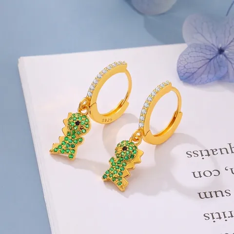 S925 Sterling Silver Cute Dinosaur Hoop Earrings For Women Green Rhinestone Inlaid Sweet Fashion Jewelry Ear Accessories