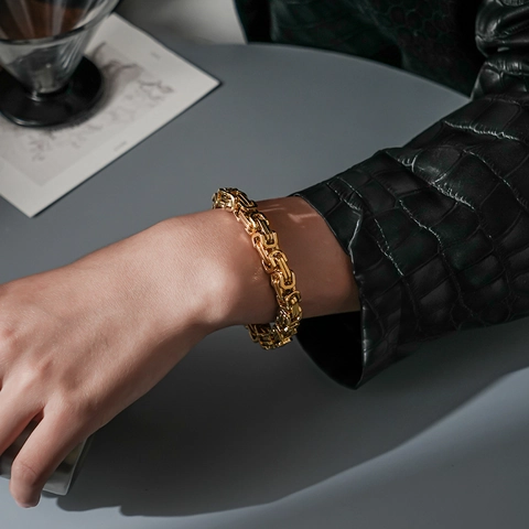 Mens Byzantine Chain Bracelet Stainless Steel 18K Gold Plated Punk Square Box Link Hip Hop Jewelry For Him