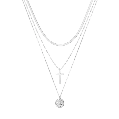 925 Sterling Silver 3-Layered Necklace For Women Gold Silver Snake Chain Cross Sun Coin Pendant Necklaces Layering Jewelry Gift