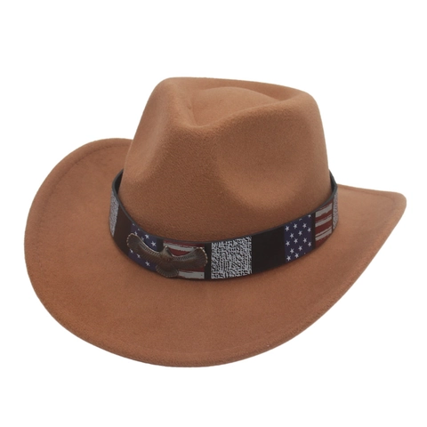 American Flag Western Cowboy Hat Wide Brim Felt Retro Eagle Buckle Outdoor Fashion Fedora Style Accessory
