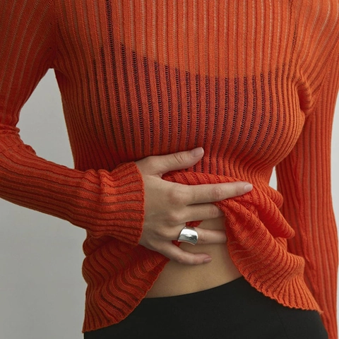 Women Ribbed Knit Top Long Sleeve Round Neck See Through Slim Fit Thin Breathable Solid Color Base Layer