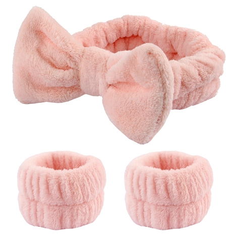 Elastic Bowknot Headband And Absorbent Wristbands For Face Washing Makeup Spa Coral Fleece Soft Plush Hair Accessory Collection For Women Girls Home Daily Use