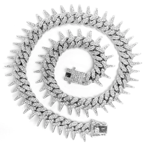 Collana Catena Cubana Hip Hop Iced Out Lega Strass Spine Borchie Gioielli Stile Punk Per Uomini Donne