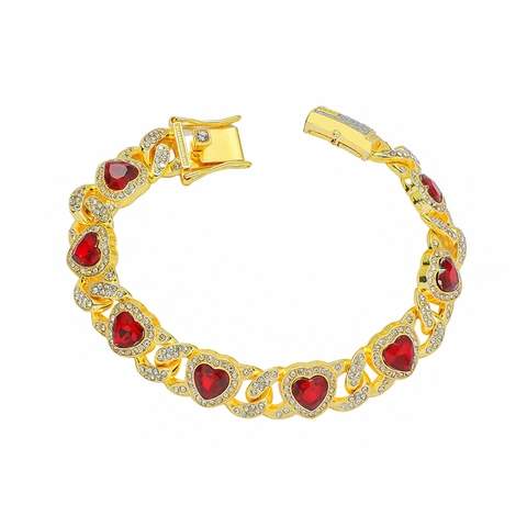 Bracciale Hip Hop Cuban Link a Cuore per Uomo Donna Bracciale con Ciondolo a Cuore in Strass Oro Argento Placcato Lega Gioielli