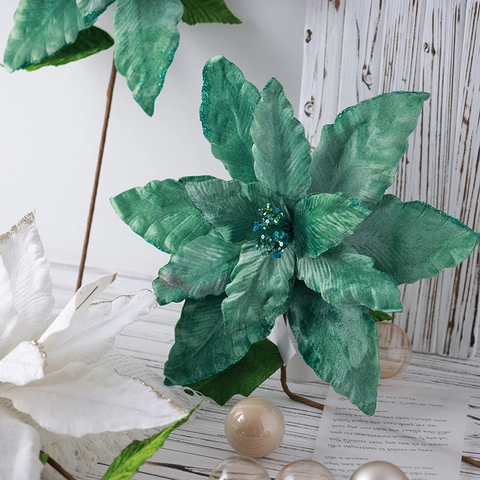 Large Artificial Poinsettia Christmas Flower Glitter Velvet Cloth Decorative Flower For Christmas Tree Decor Home Party