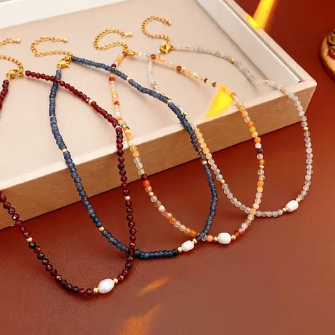 Collar De Perlas De Agua Dulce Con Cuentas De Piedra Natural Cadena De Clavícula De Acero De Titanio Estilo Vintage Para Mujer