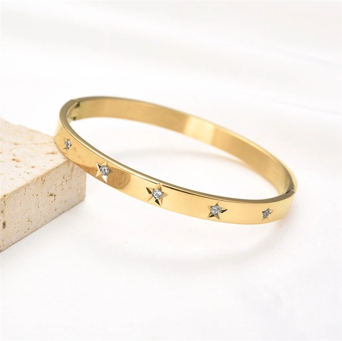 Star Pattern Zircon Inlaid Stainless Steel Bangle Fashion Hinged Buckle Bracelet For Women Luxury Daily Accessory