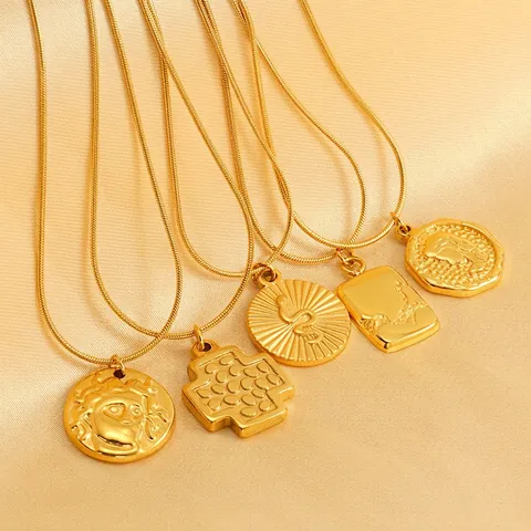 Collana Con Pendente Vintage Placcata Oro 18K Acciaio Inossidabile Catena A Serpente Bohemien Moneta Ritratto In Rilievo Ancora Croce Donne