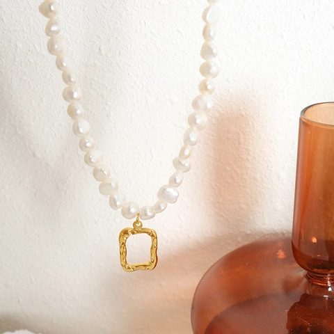 Baroque Freshwater Pearl Necklace With Stainless Steel Irregular Geometric Square Pendant French Retro Style For Women
