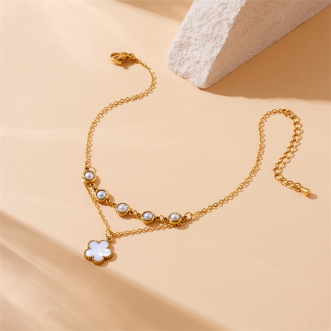 Tobillera de Doble Capa de Acero Inoxidable Vintage Con Colgante de Trébol de Madreperla Perla Artificial Blanca Oro Joyas Para Pies Mujer